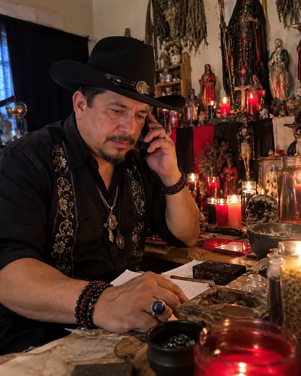 Maestro Elías Montenegro atendiendo una consulta de brujería por teléfono frente a su altar